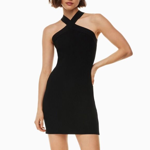 Aritzia Babaton Sculpt Knit Criss Cross Dress Black Bodycon Ribbed Mini - Picture 1 of 10